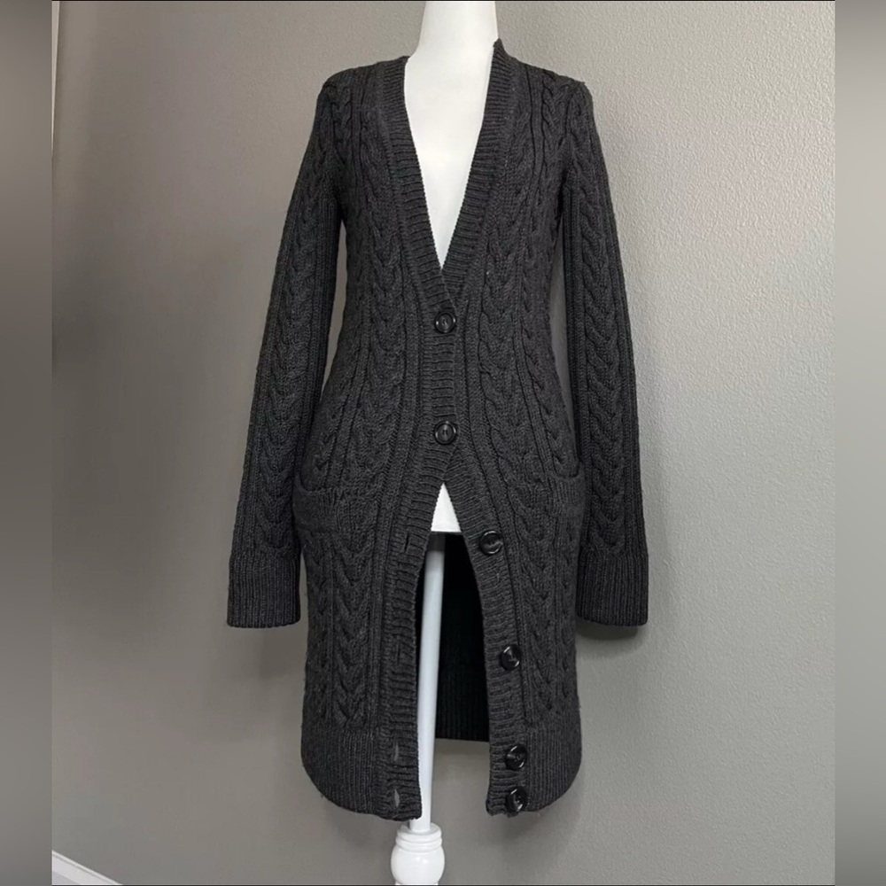 Club Monaco 100% wool button up cable knit cardigan charcoal gray size small